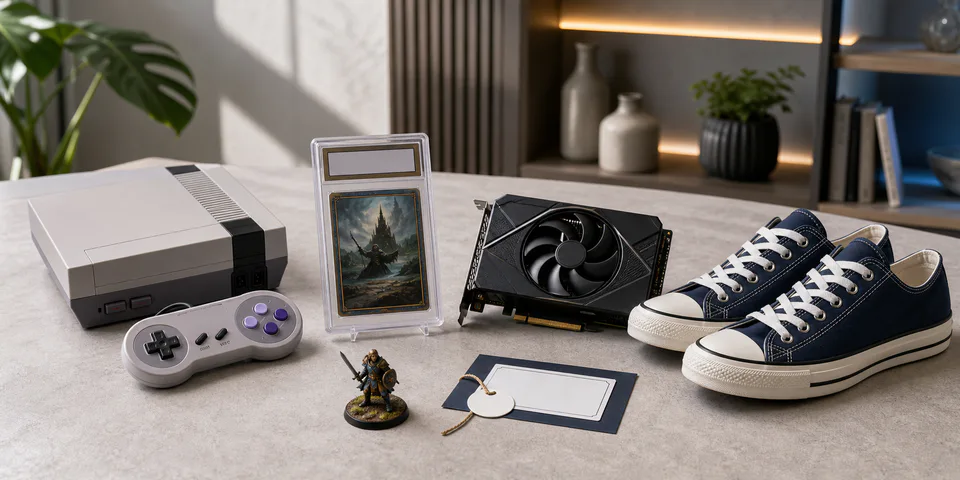 A retro console, graded card, graphics card, sneakers, and painted figure arranged for resale